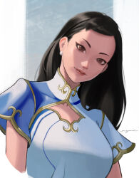 Rule 34 | 1girl, absurdres, alternate hairstyle, black hair, blue dress, brown eyes, capcom, china dress, chinese clothes, chun-li, dress, earrings, erzomori, eyeliner, gold trim, hair down, head tilt, highres, jewelry, looking at viewer, makeup, multicolored clothes, multicolored dress, pearl earrings, street fighter, street fighter 6