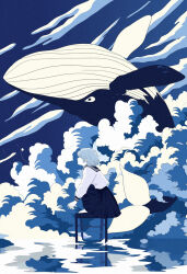 Rule 34 | 1girl, blue hair, blue sailor collar, blue sky, closed mouth, cloud, cloudy sky, commentary, english commentary, flower, flying whale, from side, full body, highres, long sleeves, medium hair, on stool, original, paper boat, profile, reflective floor, sailor collar, school uniform, shirt, skirt, sky, socks, solo, squatting, stool, touya (touyachann), whale, white flower, white shirt, white skirt, white socks