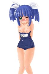 Rule 34 | 00s, 1girl, arms behind back, bare legs, blue hair, breasts, clothes pull, name tag, nipple slip, nipples, one-piece swimsuit, one-piece swimsuit pull, pani poni dash!, school swimsuit, solo, suzuki sayaka, sweat, swimsuit, thigh gap, twintails, wet, wtst