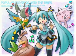 Rule 34 | 1girl, ;d, bird, black skirt, black sleeves, black thighhighs, blue eyes, blue hair, chatot, collared shirt, commentary request, creatures (company), detached sleeves, drop shadow, duck, farfetch&#039;d, game freak, gen 1 pokemon, gen 4 pokemon, grey shirt, hair between eyes, hair ribbon, hatsune miku, jigglypuff, legs apart, long hair, microphone, miniskirt, musical note, nintendo, one eye closed, open mouth, parrot, pleated skirt, pokemon, pokemon (creature), rascal (feuille), ribbon, shirt, skirt, sleeveless, sleeveless shirt, smile, solo, spring onion, standing, thighhighs, twintails, very long hair, vocaloid, zettai ryouiki