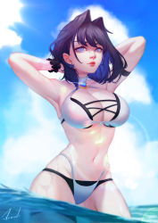 Rule 34 | 1girl, absurdres, armpits, bikini, blue eyes, blue hair, blush, bow, bow earrings, breasts, brooch, cleavage, earrings, hair intakes, highres, hololive, hololive english, jewelry, large breasts, layered bikini, looking at viewer, midriff, navel, oakproud, ouro kronii, partially submerged, short hair, smile, solo, swimsuit, virtual youtuber, wading, wet