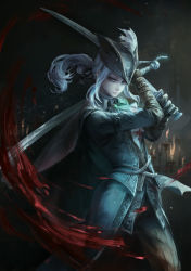 Rule 34 | 1girl, absurdres, blood, bloodborne, blue eyes, candle, cowboy shot, gloves, hat, highres, jlien-, lady maria of the astral clocktower, long hair, ponytail, serious, solo, standing, sword, the old hunters, tricorne, weapon, white hair