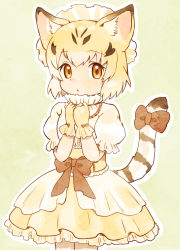 Rule 34 | 1girl, adapted costume, animal ears, bad id, bad twitter id, blonde hair, bow, brown bow, brown hair, cat ears, cat girl, cat tail, collar, commentary request, cowboy shot, dress, dress bow, frilled collar, frilled dress, frilled gloves, frilled headband, frilled sleeves, frills, gloves, gothic lolita, highres, kemono friends, lolita fashion, multicolored hair, puffy short sleeves, puffy sleeves, sand cat (kemono friends), short hair, short sleeves, solo, suicchonsuisui, tail, tail bow, tail ornament, white hair, yellow dress, yellow eyes, yellow gloves