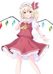 Rule 34 | 1girl, :d, absurdres, arm at side, ascot, back bow, blonde hair, blush, bow, breasts, bright pupils, ciruciru0810, commentary request, crystal, eyebrows hidden by hair, fang, feet out of frame, finger to mouth, flandre scarlet, frilled bow, frilled skirt, frilled sleeves, frilled wrist cuffs, frills, hair between eyes, hand up, hat, hat bow, highres, index finger raised, long hair, looking at viewer, medium breasts, mob cap, open mouth, puffy short sleeves, puffy sleeves, red bow, red eyes, red skirt, red vest, shirt, short sleeves, side ponytail, simple background, skin fang, skirt, smile, solo, standing, touhou, vest, white background, white bow, white hat, white shirt, wings, wrist cuffs, yellow ascot