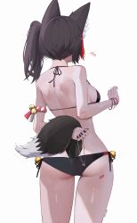 Rule 34 | 1girl, absurdres, animal ear fluff, animal ears, ass, bare shoulders, bell, bikini, black bikini, black hair, bracelet, breasts, cleavage, covering privates, covering ass, fingernails, hair ornament, hairpin, heart, highres, hololive, jewelry, kkato, large breasts, multicolored hair, nail polish, ookami mio, red nails, short hair, side-tie bikini bottom, side ponytail, solo, streaked hair, string bikini, swimsuit, tail, thigh gap, thighs, two-tone hair, virtual youtuber, wolf ears, wolf girl, wolf tail