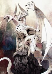 Rule 34 | akie (akidoygo), animal focus, claws, dragon, full body, halftone, halftone background, highres, horns, monster, no humans, on rock, open mouth, original, rock, scales, solo, tail, western dragon, wings
