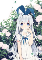 Rule 34 | 1girl, blue eyes, flower, hairband, covered mouth, highres, leaf, long hair, looking at viewer, original, rugo, skirt, solo, white hair