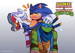 Rule 34 | 2boys, arsworlds, blue hair, closed mouth, commentary, crossover, furry, furry male, gloves, hand on another&#039;s head, highres, katana, leonardo (tmnt), male focus, mask, multiple boys, ninja, red eyes, shoes, sigh, simple background, smile, sonic (series), sonic the hedgehog, sword, tail, teenage mutant ninja turtles, teeth, turtle, weapon, white gloves