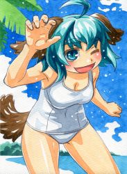 Rule 34 | 1girl, ahoge, animal ears, blush, breasts, cleavage, cloud, day, green eyes, green hair, kasodani kyouko, kawachi koorogi, marker (medium), matching hair/eyes, one-piece swimsuit, one eye closed, open mouth, outdoors, school swimsuit, short hair, sky, smile, solo, swimsuit, tail, touhou, traditional media, white one-piece swimsuit, wink