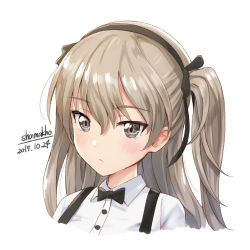 Rule 34 | 10s, 1girl, artist name, bad id, bad tumblr id, black bow, black bowtie, black ribbon, bow, bowtie, brown hair, buttons, closed mouth, collared shirt, dated, expressionless, girls und panzer, grey eyes, hair between eyes, hair ribbon, hairband, long hair, looking at viewer, one side up, portrait, ribbon, shamakho, shimada arisu, shirt, signature, simple background, solo, suspenders, tsurime, white background, white shirt