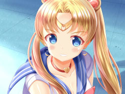 Rule 34 | 1girl, bishoujo senshi sailor moon, blonde hair, blue eyes, blue sailor collar, blush, bow, breasts, choker, circlet, cleavage, collarbone, commentary request, crescent, crescent earrings, derivative work, earrings, hair ornament, hair over shoulder, heart, heart choker, jewelry, long hair, looking at viewer, medium breasts, meme, parted bangs, parted lips, red bow, red choker, sailor collar, sailor moon, sailor moon redraw challenge (meme), sailor senshi uniform, screenshot redraw, shirt, short sleeves, solo, tsukino usagi, twintails, upper body, white shirt, xenon (for achieve)