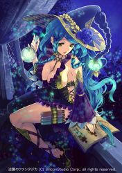 Rule 34 | 1girl, bad id, bad pixiv id, blue hair, bottle, braid, breasts, cleavage, company name, curly hair, curtains, feathers, flower, full body, gyakushuu no fantasica, hat, high heels, leaf, long hair, night, official art, sitting, solo, teeth, tree, witch hat, yellow eyes, yukikana