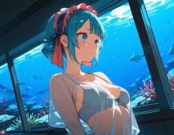 aquarium bad_tag beautfiul_background bra_visible_through_clothes breasts freckles maruruk sagging_breasts small_breasts stunning_backgroud