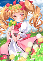 Rule 34 | 1girl, aisaki emiru, arms up, blue sky, blunt bangs, blurry, blush, bow, bowtie, cloud, commentary request, cure macherie, dandelion, day, depth of field, dress, field, flower, flower field, grass, hair ribbon, head wreath, heart, hill, holding, holding flower, hugtto! precure, kawanobe, layered dress, light particles, long hair, looking at viewer, orange hair, outdoors, own hands together, petticoat, pink dress, precure, puffy short sleeves, puffy sleeves, red bow, red bowtie, red eyes, ribbon, short sleeves, sky, smile, solo, twintails, twitter username