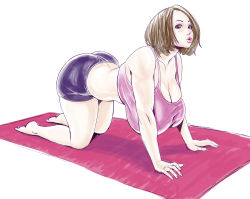 Rule 34 | 1girl, all fours, ass, bare shoulders, barefoot, blush, breasts, brown eyes, brown hair, cleavage, dan hayakawa, full body, hanging breasts, huge breasts, lips, mature female, original, pursed lips, short hair, simple background, solo, thighs, white background