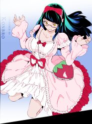 Rule 34 | 1girl, azuma maia, blue hair, closed mouth, dress, embarrassed, glasses, green hair, hair ribbon, hands up, highres, kneeling, long hair, looking down, mato seihei no slave, multicolored hair, pink dress, red ribbon, ribbon, solo, strawberry bag, two-tone hair, very long hair, white dress, yellow eyes