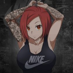 Rule 34 | 1girl, armpits, arms behind head, breasts, cleavage, en&#039;en no shouboutai, expressionless, fashion, lisa isaribi, looking at viewer, nike (company), red eyes, red hair, solo, tagme, tattoo, upper body