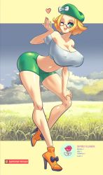 Rule 34 | 1girl, ass, bare shoulders, bent over, bianca (pokemon), bike shorts, bimbofication, blonde hair, blowing kiss, blue sky, breasts, cleavage, cloud, covered erect nipples, creatures (company), english text, game freak, glasses, grass, green eyes, hand on own thigh, hand on thigh, hat, heart, high heels, huge ass, large breasts, leaning forward, lips, nintendo, one eye closed, pokemon, pokemon bw2, short hair, shorts, sky, smile, solo, supersatanson, tank top, teeth, thick thighs, thighs, tongue, wide hips, wink