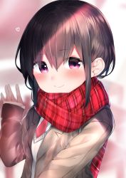 Rule 34 | 1girl, blazer, blurry, blurry background, blush, brown hair, brown jacket, closed mouth, depth of field, hair between eyes, hand up, heart, highres, jacket, long hair, long sleeves, looking at viewer, necktie, neku (neku draw), open clothes, open jacket, original, plaid, plaid scarf, red eyes, red necktie, red scarf, scarf, school uniform, shirt, sleeves past wrists, smile, solo, sweater vest, upper body, white shirt