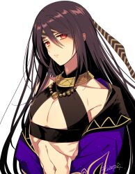 Rule 34 | 1boy, brown hair, crop top, fire emblem, fire emblem engage, headband, highres, jacket, jewelry, l (matador), long hair, looking at viewer, male focus, navel, nintendo, open clothes, open jacket, red eyes, seadall (fire emblem), solo, trap, very long hair, white background