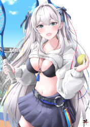 Rule 34 | 1girl, absurdres, azur lane, ball, belt, bikini, bikini top only, black bikini, black skirt, blue eyes, bow, breasts, cleavage, cowboy shot, crop top, cropped hoodie, fang, gudon (iukhzl), hair bow, highres, holding, hood, hood down, hoodie, horns, jewelry, large breasts, long hair, long sleeves, looking at viewer, miniskirt, navel, necklace, official alternate costume, open mouth, pleated skirt, racket, skirt, smile, solo, stomach, string bikini, suffren (azur lane), suffren (impulsive incident) (azur lane), swimsuit, tennis ball, tennis racket, thighhighs, two side up, very long hair, white hair, white hoodie, zettai ryouiki