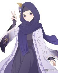 Rule 34 | 1girl, abaya, absurdres, adapted costume, alternate costume, asiri senpai, bridal gauntlets, commentary, english commentary, genshin impact, hair ornament, highres, hijab, japanese clothes, long sleeves, looking at viewer, mitsudomoe (shape), mole, mole under eye, purple eyes, purple scarf, raiden shogun, scarf, simple background, solo, tomoe (symbol), v, white background, wide sleeves