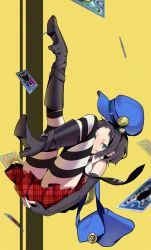 Rule 34 | 1girl, black hair, boots, high heel boots, high heels, highres, looking at viewer, marie (persona 4), persona, persona 4, persona 4 the golden, solo, striped clothes, striped thighhighs, tarot, thighhighs, xiao chichi