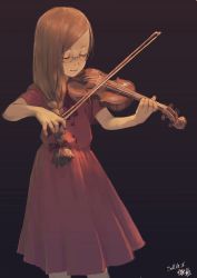 Rule 34 | 1girl, absurdres, black background, bow (music), braid, brown hair, dated, dress, closed eyes, glasses, highres, instrument, light smile, long hair, music, neck ribbon, original, playing instrument, red dress, ribbon, signature, simple background, single braid, solo, violin, zennosuke