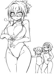 Rule 34 | 0 0, 3:, 3girls, black hair, blush, breasts, cleavage, competition school swimsuit, curvy, double bun, front zipper swimsuit, frown, goggles, goggles on head, greyscale, hand on own hip, highres, kagami ryouko, kanayama nao, large breasts, meme attire, monochrome, multiple girls, one-piece swimsuit, open mouth, original, sasashigure miyo, school swimsuit, sketch, sweat, swimsuit, thigh gap, trembling, unzipped, white background, wide hips, yoshida hideyuki