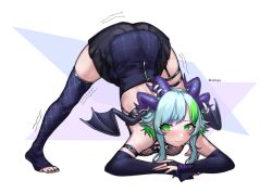 Rule 34 | 1girl, absurdres, artist name, bare shoulders, blue hair, blush, breasts, bridal gauntlets, bsapricot, apricot the lich, commentary, demon girl, demon horns, demon wings, detached sleeves, english commentary, green eyes, green hair, highres, horns, jack-o&#039; challenge, looking at viewer, medium breasts, multicolored hair, nail polish, short hair, solo, sweat, thighhighs, toeless legwear, top-down bottom-up, trembling, twitter username, two-tone hair, virtual youtuber, vshojo, watermark, wings