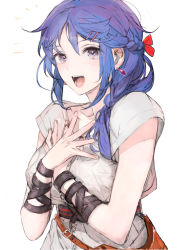 Rule 34 | 1girl, belt, blue eyes, blue hair, blush, braid, breasts, chain chronicle, collarbone, earrings, french braid, hair ornament, hairclip, highres, jewelry, large breasts, long hair, looking at viewer, open mouth, phoena (chain chronicle), shirt, short sleeves, smile, solo, toi8, white shirt