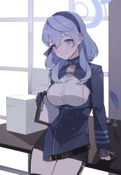 Rule 34 | 1girl, ako (blue archive), bell, black gloves, black skirt, blue archive, blue eyes, blue hair, blue hairband, breasts, cjsdh1000, clipboard, closed mouth, desk, garter straps, gloves, hair between eyes, hairband, halo, holding, holding clipboard, indoors, jacket, long hair, long sleeves, looking at viewer, medium breasts, neck bell, paper, paper stack, sideboob, skirt, solo, window