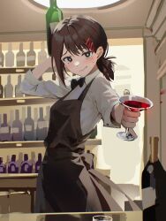 Rule 34 | 1girl, alcohol, apron, bar (place), black apron, black bow, black bowtie, blush, bottle, bow, bowtie, brown eyes, brown hair, chainsaw man, closed mouth, collared shirt, commentary, cowboy shot, cup, danraz0r, dress shirt, drinking glass, english commentary, furrowed brow, grey apron, hair ornament, hairclip, hand up, higashiyama kobeni, highres, holding, holding cup, indoors, looking at viewer, medium hair, mole, mole under eye, mole under mouth, multiple moles, nervous smile, outstretched arm, parted lips, shirt, short ponytail, single sidelock, smile, solo, standing, sweatdrop, white shirt, wine bottle, wine glass