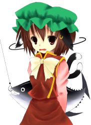 Rule 34 | 1girl, animal ears, arms behind back, bad id, bad pixiv id, brown eyes, brown hair, cat ears, cat girl, cat tail, chen, fang, female focus, fish, hat, highres, multiple tails, open mouth, skirt, solo, tail, touhou, tououtei, white background