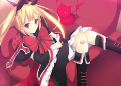 Rule 34 | 1girl, arc system works, bat (animal), blazblue, blonde hair, blush, boots, bow, chair, daiaru, detached sleeves, dress, female focus, frills, gii, hair ornament, light smile, lolita fashion, long hair, looking at viewer, lying, on back, pillow, rachel alucard, red eyes, ribbon, sitting, smile, twintails