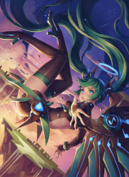 Rule 34 | 1girl, aqua eyes, boots, falling, green hair, halterneck, hatsune miku, high heel boots, high heels, highres, lolita fashion, long hair, mechanical wings, mool yueguang, open mouth, outstretched arm, shooting star, solo, star (sky), thigh boots, thighhighs, thighs, twintails, very long hair, vocaloid, wings