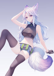 Rule 34 | 1girl, absurdres, animal ears, arm up, bare arms, bare shoulders, black gloves, black shirt, black thighhighs, blouse, breasts, commentary request, crop top, feet out of frame, fox ears, fox tail, gloves, gradient background, grey background, hair between eyes, highres, kirby d a, large breasts, long hair, looking at viewer, midriff, navel, original, pouch, purple eyes, shirt, sleeveless, sleeveless shirt, solo, stomach, tail, thighhighs, thighs, white hair