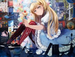 Rule 34 | 1girl, alice (alice in wonderland), alice in wonderland, blonde hair, blue eyes, cake, doll house, expressionless, flower, food, fork, frills, fruit, gothic lolita, graphite (medium), highres, holding, holding fork, light bulb, lolita fashion, long hair, looking at viewer, oil lamp, rose, scales, solo, spiral staircase, stairs, strawberry, strawberry shortcake, tomoyami, traditional media