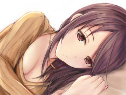 Rule 34 | 1girl, blush, breasts, brown eyes, brown hair, cleavage, closed mouth, collarbone, commentary request, idolmaster, idolmaster cinderella girls, long hair, looking at viewer, lying, medium breasts, mifune miyu, nannacy7, on side, ponytail, smile, solo, upper body