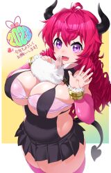 Rule 34 | 1girl, 2023, ahoge, alma (onsoku inu), animal, animal on chest, bandeau, black dress, black horns, bracelet, breasts, cleavage, clothing cutout, commentary, cowboy shot, curvy, demon girl, demon horns, demon tail, dress, fang, hair intakes, highres, holding, holding animal, horns, jewelry, kotoyoro, large breasts, long hair, long sleeves, looking at viewer, new year, onsoku inu, open mouth, original, pink bandeau, pink sleeves, pink thighhighs, pleated dress, purple eyes, rabbit, red hair, short dress, side cutout, skindentation, smile, solo, tail, thick thighs, thighhighs, thighs, waving