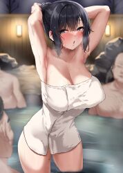 Rule 34 | 1girl, 3boys, armpits, blue eyes, breasts, cleavage, collarbone, exhibitionism, highres, jack dempa, large breasts, mixed-sex bathing, miyamae shiho (jack dempa), mole, mole on thigh, mole under eye, multiple boys, naked towel, night, onsen, open mouth, original, outdoors, partially submerged, presenting armpit, public indecency, shared bathing, solo focus, steam, sweat, towel, water, wet