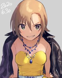 Rule 34 | 1girl, bad id, bad twitter id, black jacket, breasts, brown hair, dated, dress, eyes visible through hair, grey background, happy birthday, idolmaster, idolmaster cinderella girls, jacket, jacket on shoulders, jewelry, necklace, perky breasts, simple background, sitting, small breasts, solo, tada riina, toyoyoyo628, yellow dress