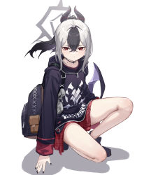 Rule 34 | 1girl, absurdres, backpack, bag, black choker, black hair, black nails, blue archive, choker, closed mouth, clothes writing, hair between eyes, halo, highres, hood, hoodie, horns, kayoko (blue archive), long hair, long sleeves, looking at viewer, mole, multicolored hair, nail polish, on one knee, pleated skirt, red eyes, red skirt, simple background, skirt, solo, white background, white hair, xiu kukkii