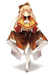 Rule 34 | 1girl, ascot, bison cangshu, blonde hair, bow, brown eyes, crossed legs, curtsey, floral print, hair bow, japanese clothes, kimono, long hair, looking at viewer, obi, one eye closed, original, personification, sandals, sash, simple background, smile, solo, thighhighs, watson cross, white background, white thighhighs, wink, yukico-tan, yukijirushi