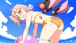 Rule 34 | 1girl, ass, back, ball, beachball, beatus creation, bikini, breasts, cloud, cloudy sky, commentary, cougar (cougar1404), day, fang, frilled bikini, frills, from behind, halterneck, holding, holding ball, horizon, leaning forward, lens flare, light brown hair, looking at viewer, looking back, mechanical wings, mika drop (beatus creation), ocean, open mouth, outdoors, short hair, sky, small breasts, smile, solo, standing, swimsuit, wading, water, wings, yellow bikini, yellow eyes