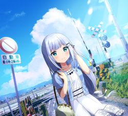 Rule 34 | 1girl, adjusting hair, bag, blue eyes, blue hair, blue shirt, blue sky, blush, buttons, cloud, collarbone, commentary request, day, dress, floral print, frilled dress, frills, green bag, hair ornament, hairclip, hand up, harudenchi24, idolmaster, idolmaster million live!, light blue hair, long hair, looking afar, open clothes, open shirt, outdoors, plant, railroad crossing, railroad signal, railroad tracks, shiraishi tsumugi, shirt, short sleeves, shoulder bag, sky, smile, solo, sunlight, white dress