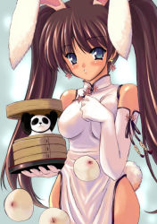 Rule 34 | 1girl, animal ears, bamboo steamer, baozi, bare shoulders, blue eyes, blush, breasts, brown hair, china dress, chinese clothes, covered collarbone, covered erect nipples, dot nose, dress, earrings, elbow gloves, food, gloves, holding, jewelry, kyogoku shin, long hair, long twintails, looking at viewer, medium breasts, no pupils, parted lips, pelvic curtain, rabbit ears, rabbit girl, rabbit tail, shiny skin, sleeveless, solo, tail, tassel, twintails, two side up, waitress, white dress, white gloves