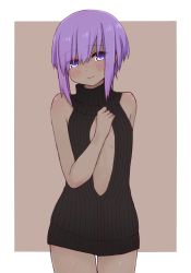 Rule 34 | 1girl, bare arms, bare shoulders, black sweater, blush, brown background, center opening, closed mouth, dark-skinned female, dark skin, fate/prototype, fate/prototype: fragments of blue and silver, fate (series), hair between eyes, hand up, hassan of serenity (fate), i.u.y, looking at viewer, purple eyes, purple hair, ribbed sweater, sidelocks, sleeveless, sleeveless sweater, sleeveless turtleneck, smile, solo, sweater, thigh gap, turtleneck, turtleneck sweater, two-tone background, white background
