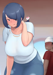 Rule 34 | 1girl, :q, age difference, blue eyes, blue hair, blurry, blush, breasts, cowboy shot, creatures (company), embarrassed, full-face blush, game freak, hand around neck, hand up, heart, highres, huge breasts, lana&#039;s mother (pokemon), long hair, looking back, mature female, moebell, nintendo, no eyes, no sclera, pokemon, pokemon (anime), pokemon sm (anime), simple background, skirt, speech bubble, spoken heart, standing, tongue, tongue out