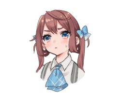 Rule 34 | 1girl, :&lt;, aqua ascot, aqua bow, asagumo (kancolle), ascot, blush, bow, brown hair, closed mouth, cropped shoulders, hair bow, kantai collection, long hair, nuno (pppompon), portrait, simple background, solo, suspenders, twintails, white background